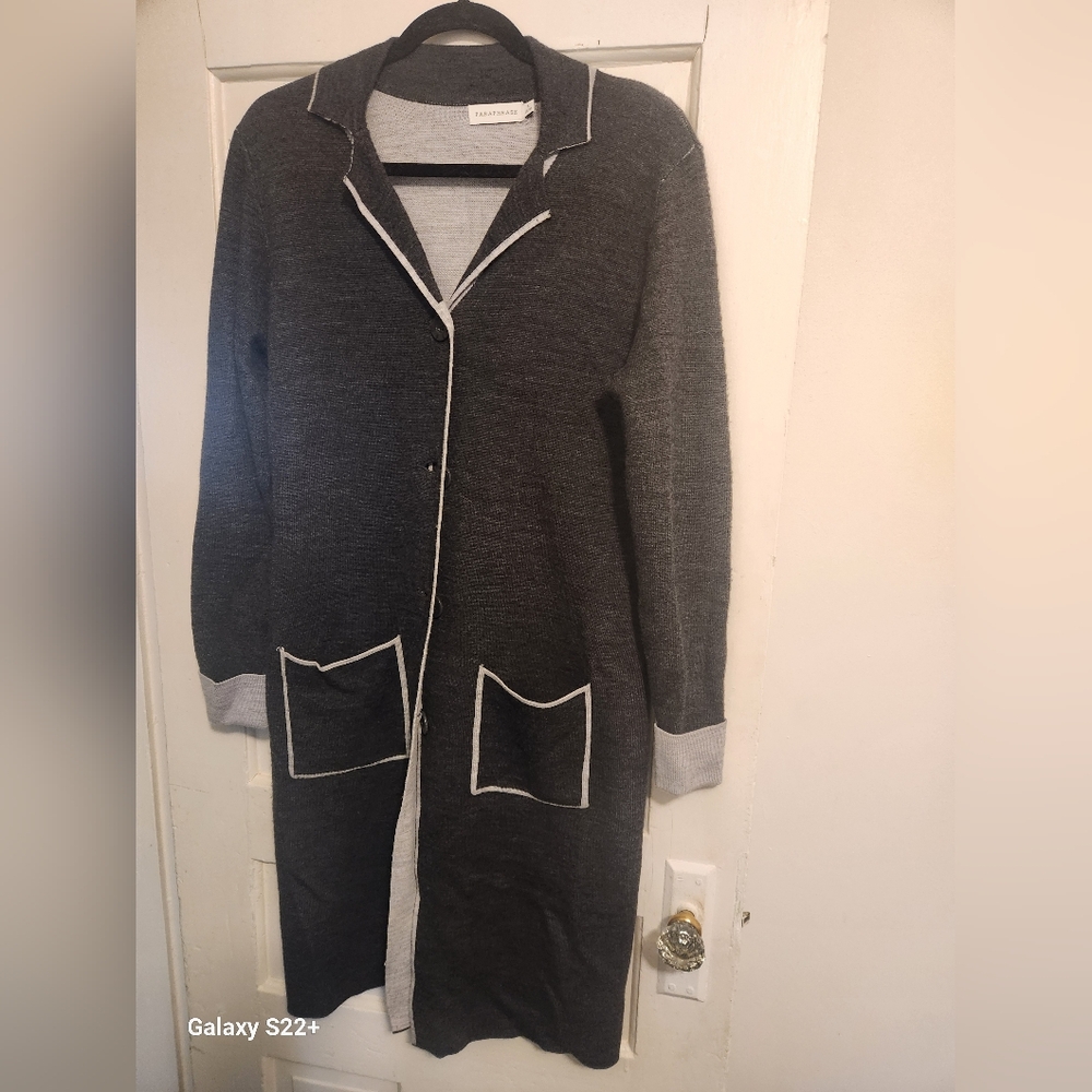 Gray Button-Up Cardigan with White Trim